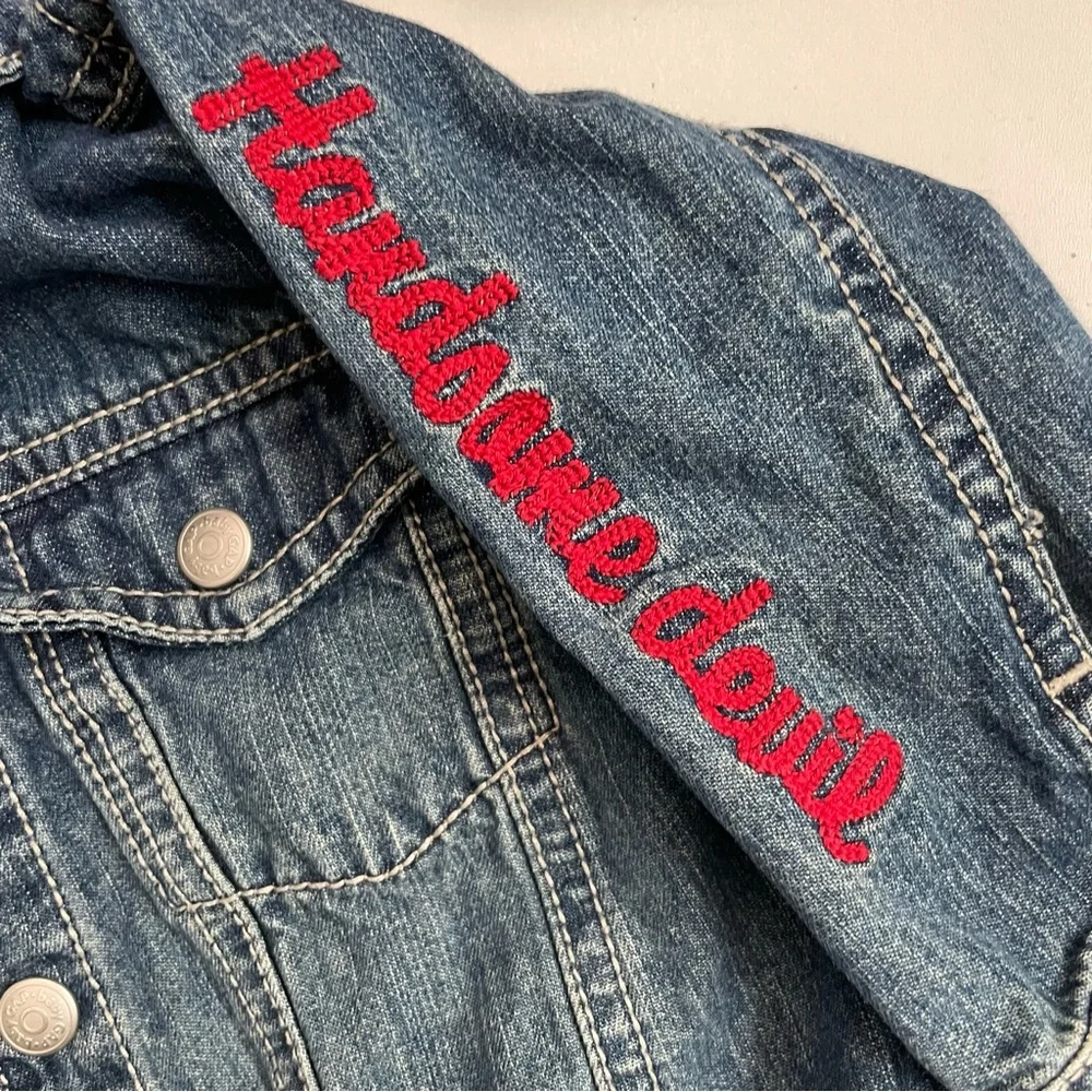 Gap Baby Jacket Denim Embroidered Handsome Devil Removable Hood Pockets Blue Red